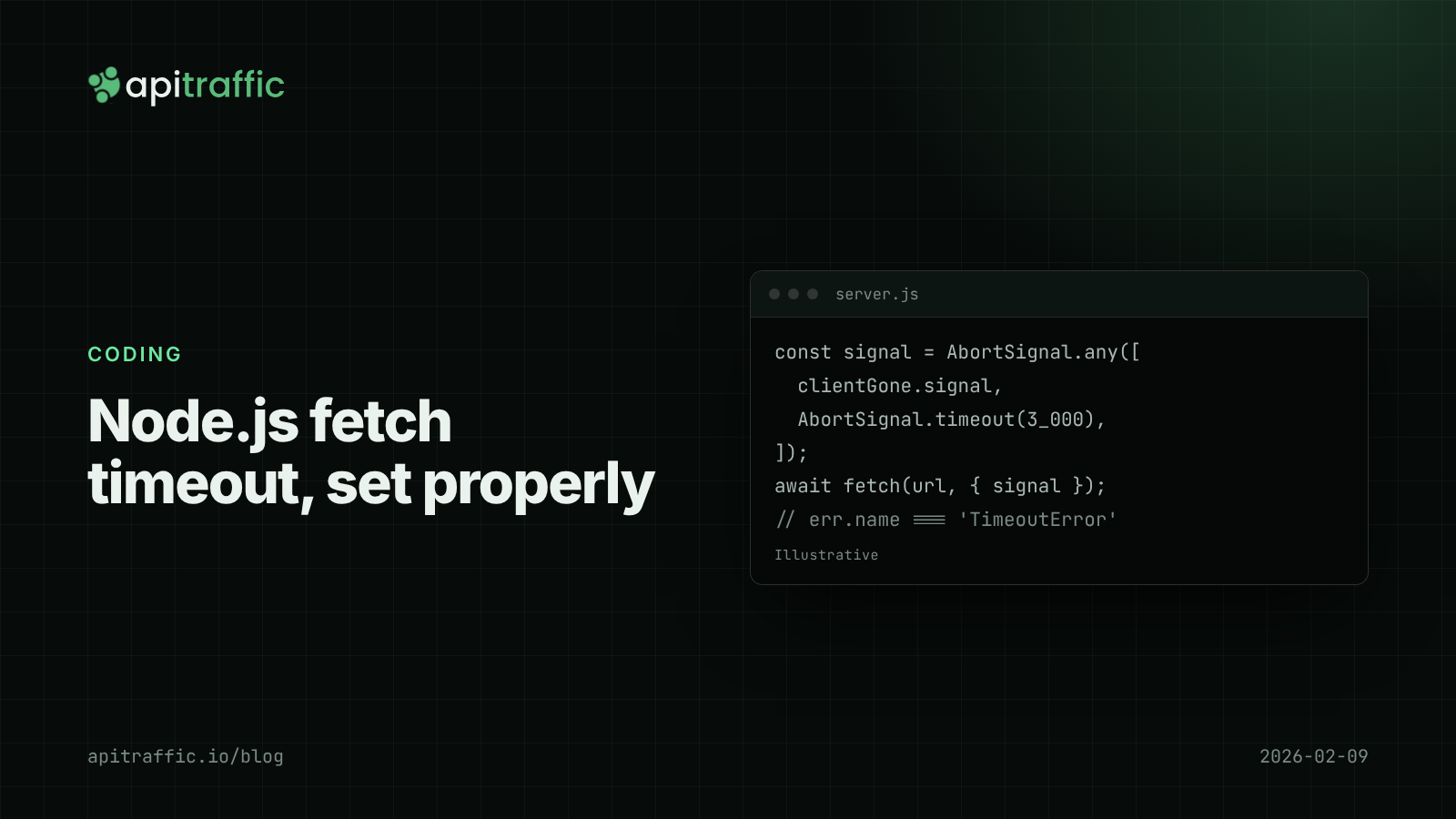 Node.js fetch timeout, set properly. Cover graphic for a guide to setting Node.js fetch timeouts with AbortSignal and undici.