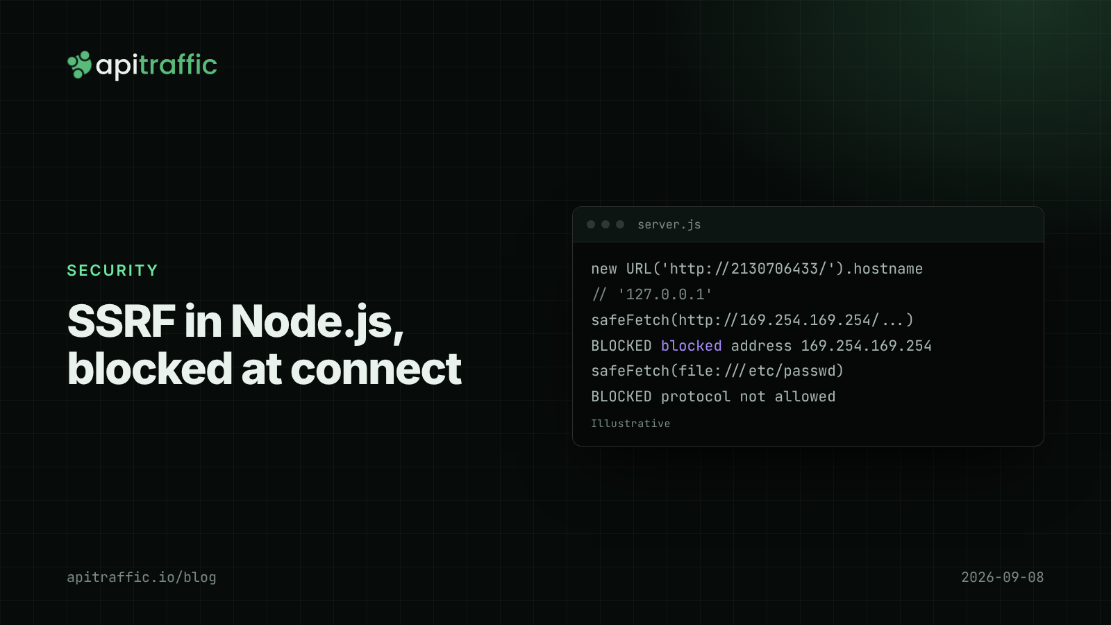 SSRF in Node.js, blocked at connect. Cover graphic for a guide to preventing server-side request forgery in Node.js fetch and undici calls.
