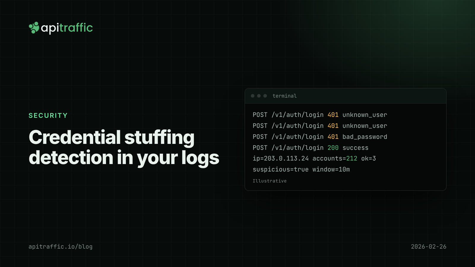 Credential stuffing detection in your logs. Cover graphic for a guide to detecting credential stuffing on Node API login routes.