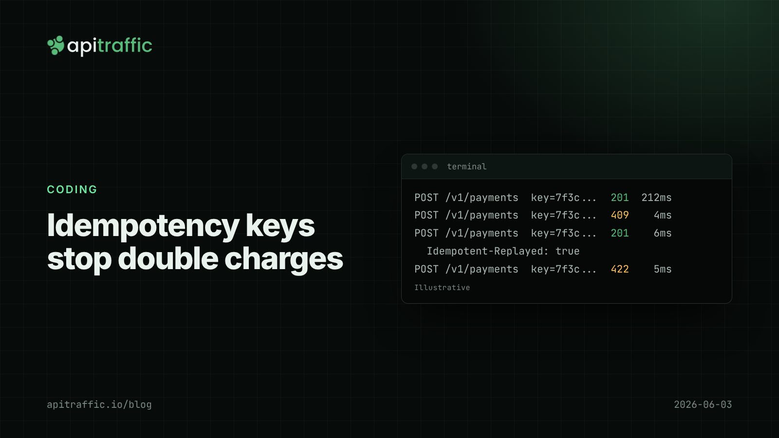 Idempotency keys stop double charges. Cover graphic for a guide to making POST retries safe with idempotency keys in Node.js and Postgres.