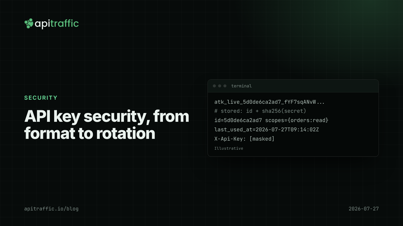 API key security, from format to rotation. Cover graphic for a guide to generating, hashing, scoping and rotating API keys in Node.js.