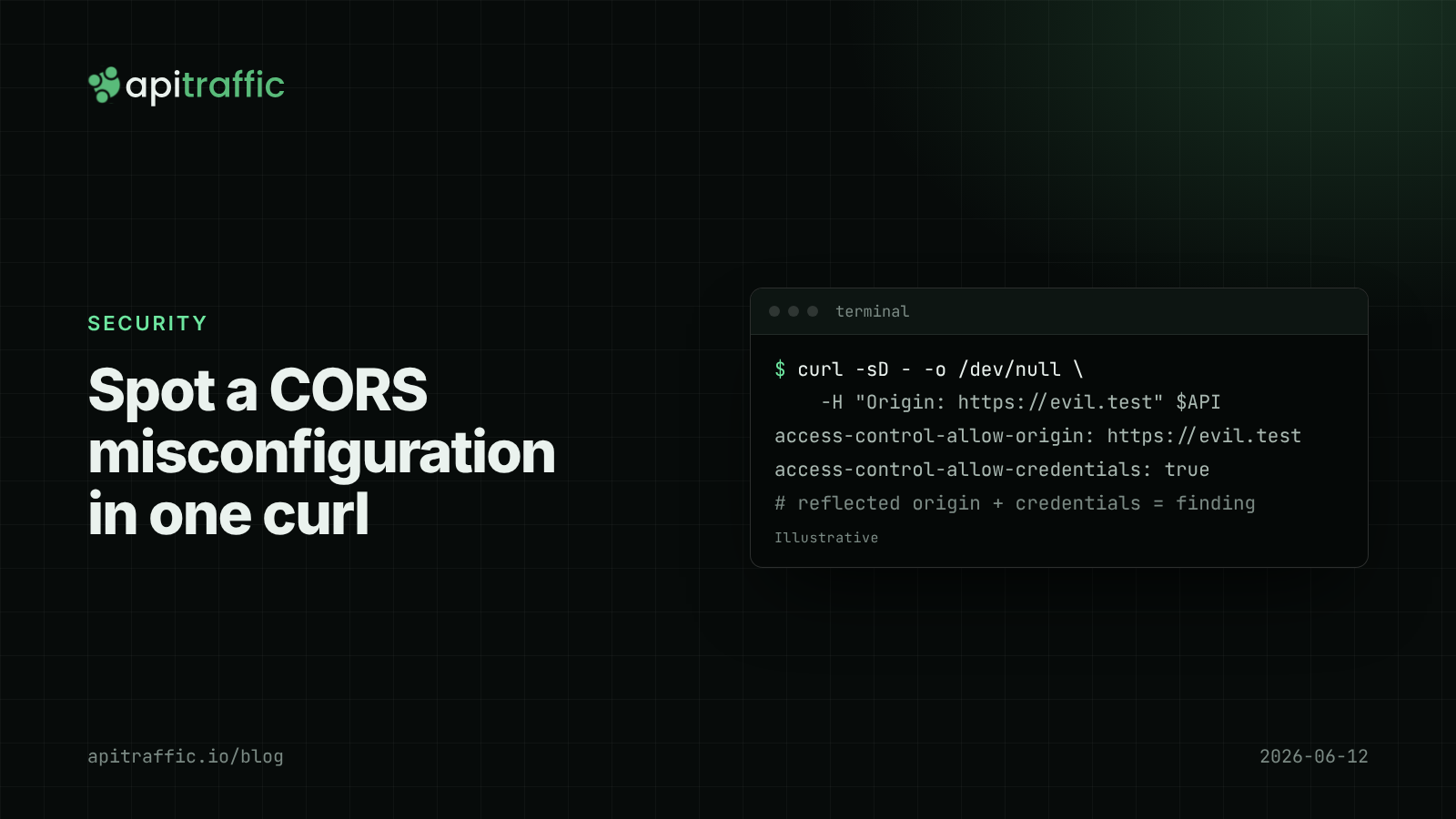 Spot a CORS misconfiguration in one curl. Cover graphic for a guide to finding, fixing and testing CORS misconfiguration in Express and Fastify.