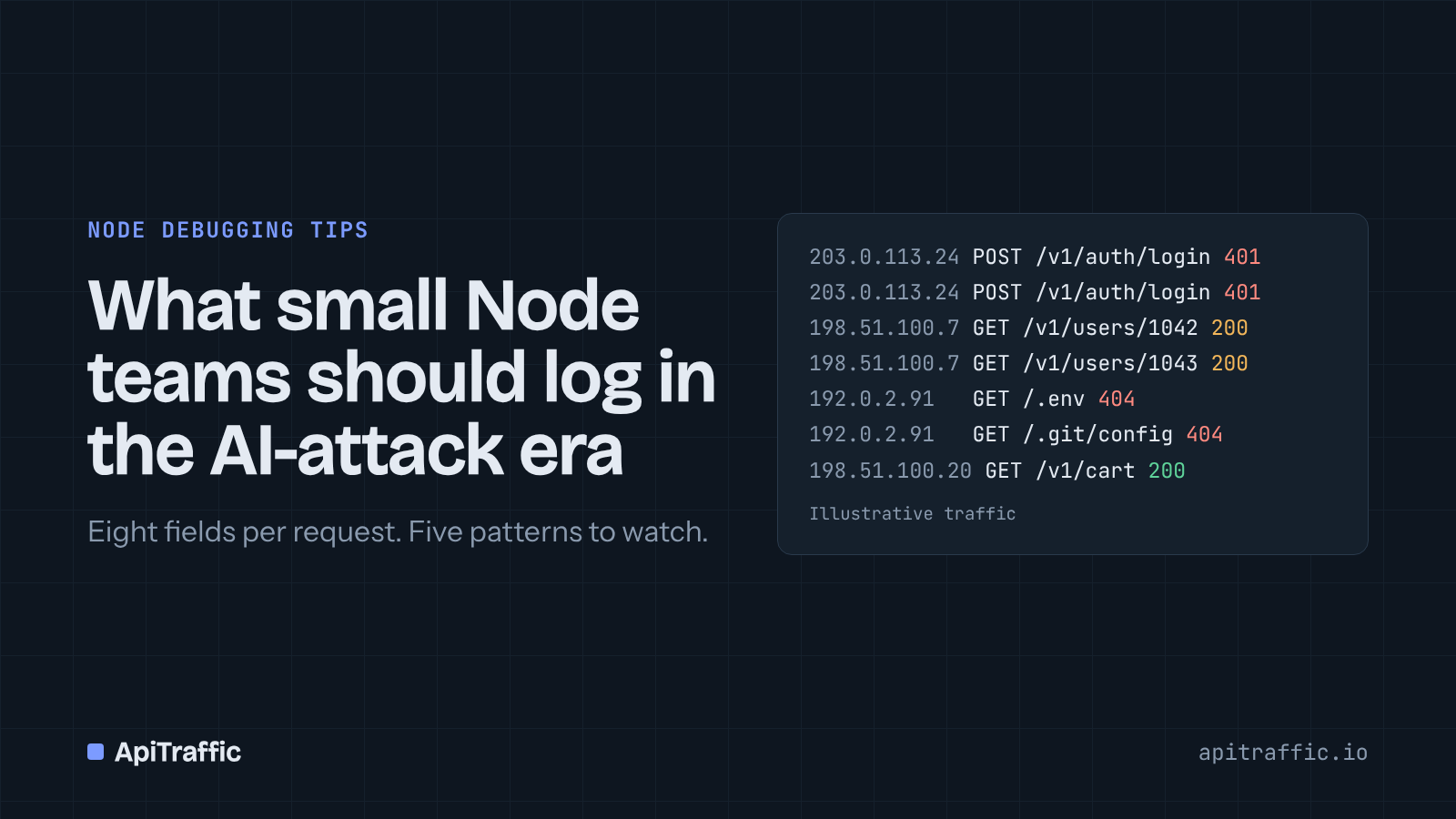 What small Node teams should log in the AI-attack era. Cover graphic for a guide to logging API requests to spot bot attacks.